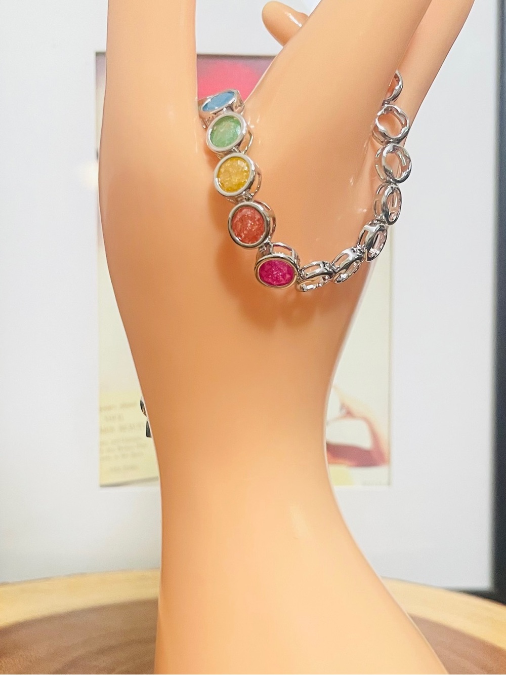 Multicolor Candy CZ Tennis Bracelet Druzy Bezel Set White Gold Filled NWOT - Picture 2 of 8